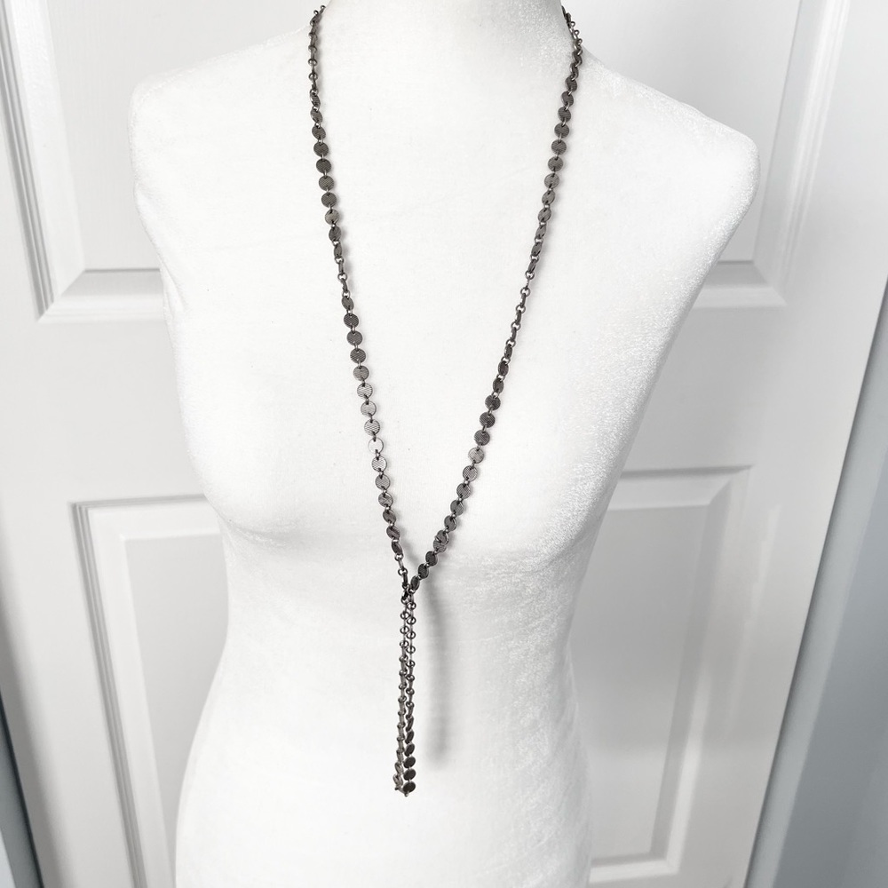 Small silver medallion long trendy metallic industrial necklace